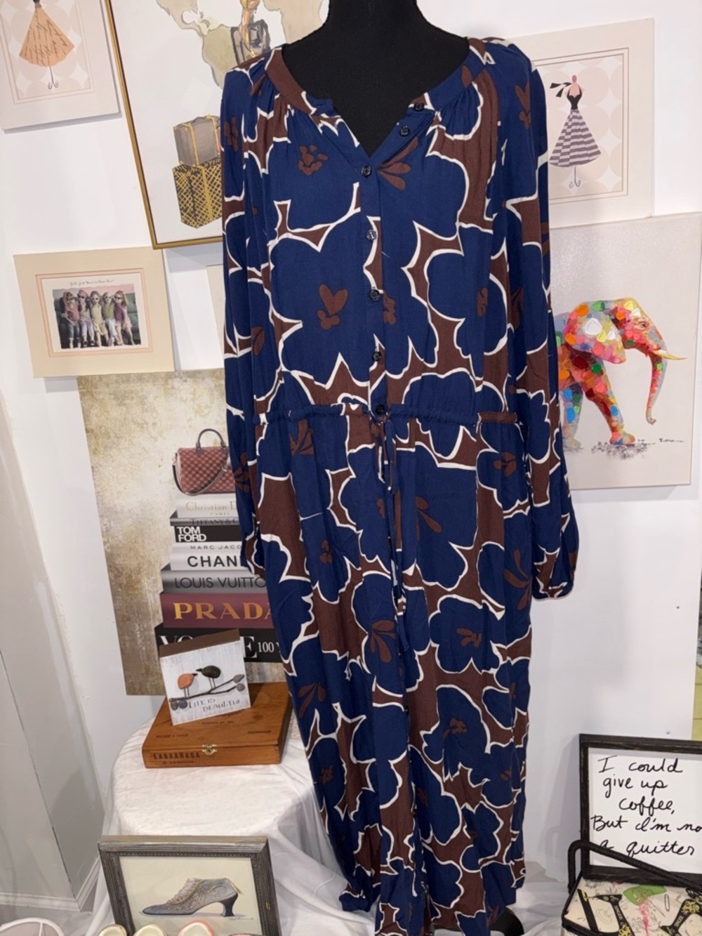Boden Navy & Brown Floral Button-Front Maxi Dress